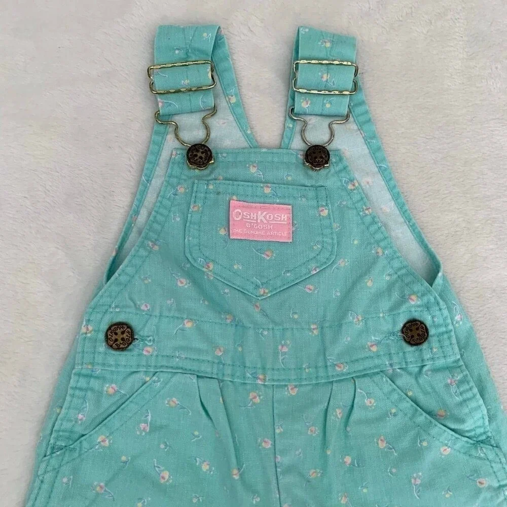 Vintage OshKosh Bgosh Mint Green Floral Corduroy Overalls 12M Made‎ in USA